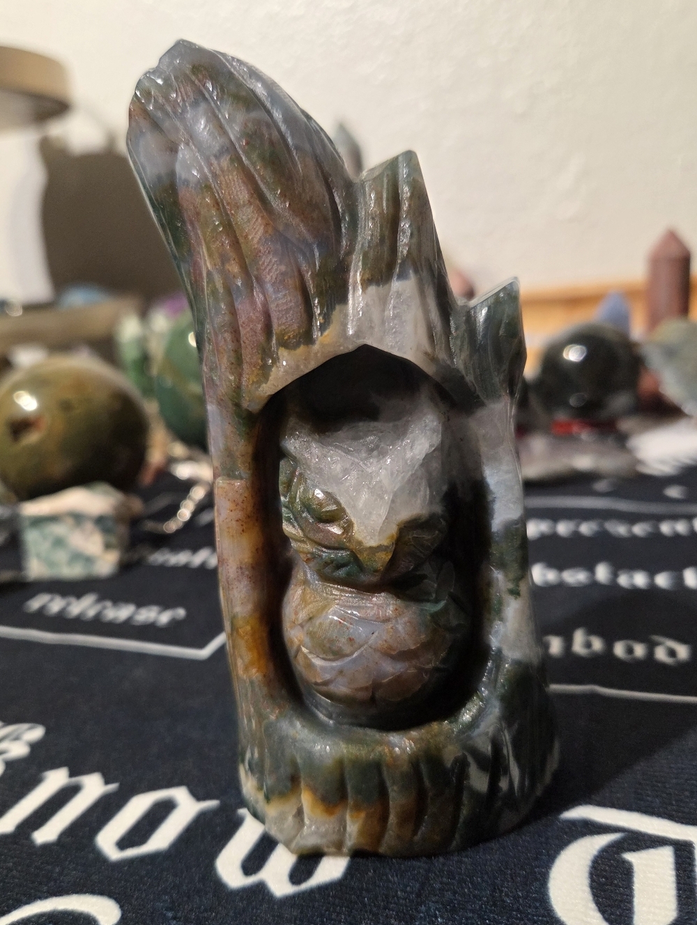 Moss Agate & Ocean Jasper Owl In A Tree Carving